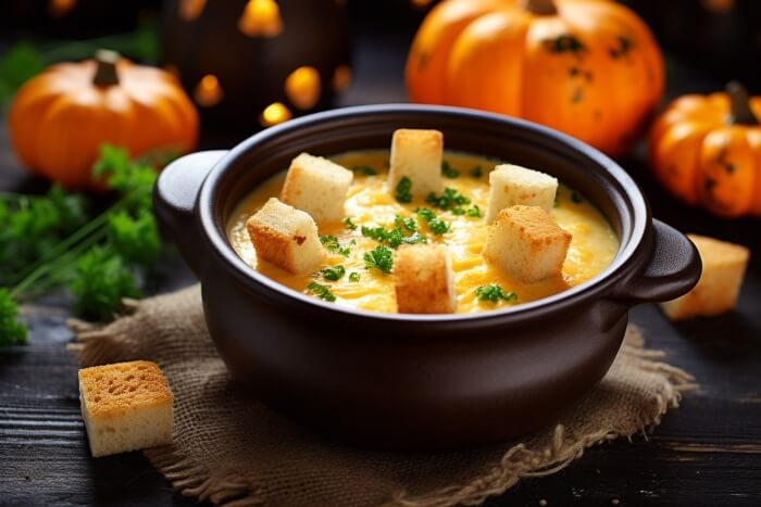 Halloween Knoblauch Suppe mit Croutons